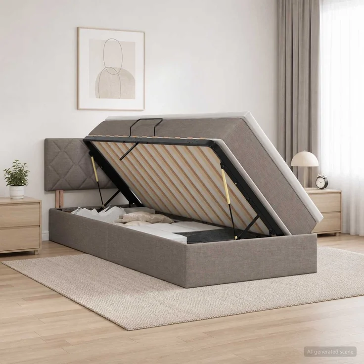 vidaXL LED-Speicherbett mit Matratze Taupe 100 x 200 cm Stoff 3459108 – Bild 1