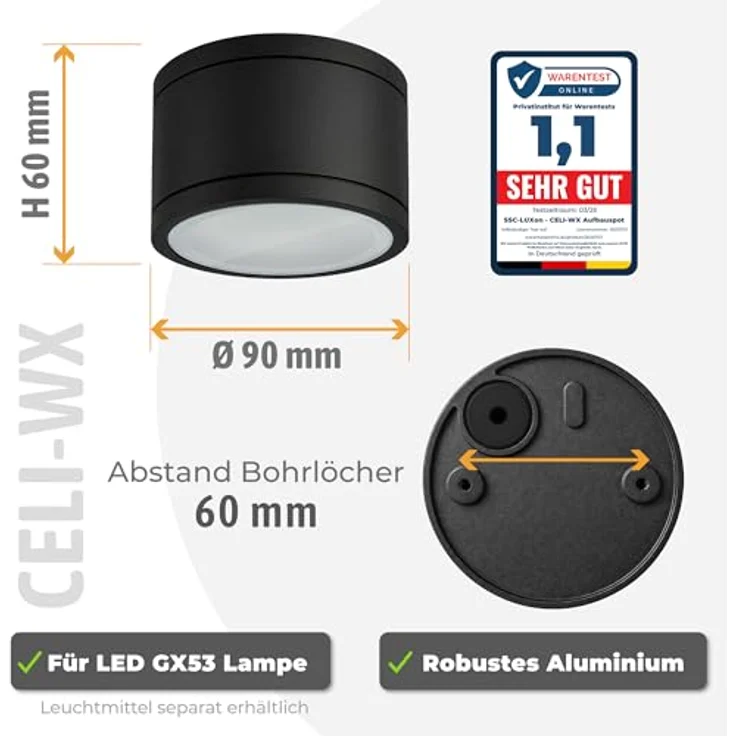 SSC-LUXon CELI-WX Aufbaustrahler flach, 4er Set, IP44, schwarz, Fassung für 1x GX53 (ohne Leuchtmittel) – Bild 3