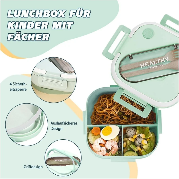 HT Lunchbox Lunch-Behälter (3 Fächer), Auslaufsicher & BPA-frei-mit Besteck, für Kinder und Erwachsene Brotdose mit Fächern – Bild 2