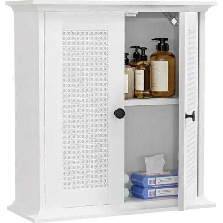 Yorbay Hängeschrank Badezimmerschrank mit Rattanfront (57 x 60 x 22 cm) Weißer Wandschrank mit Doppeltüren & verstellbarem Einlegeboden – Bild 1