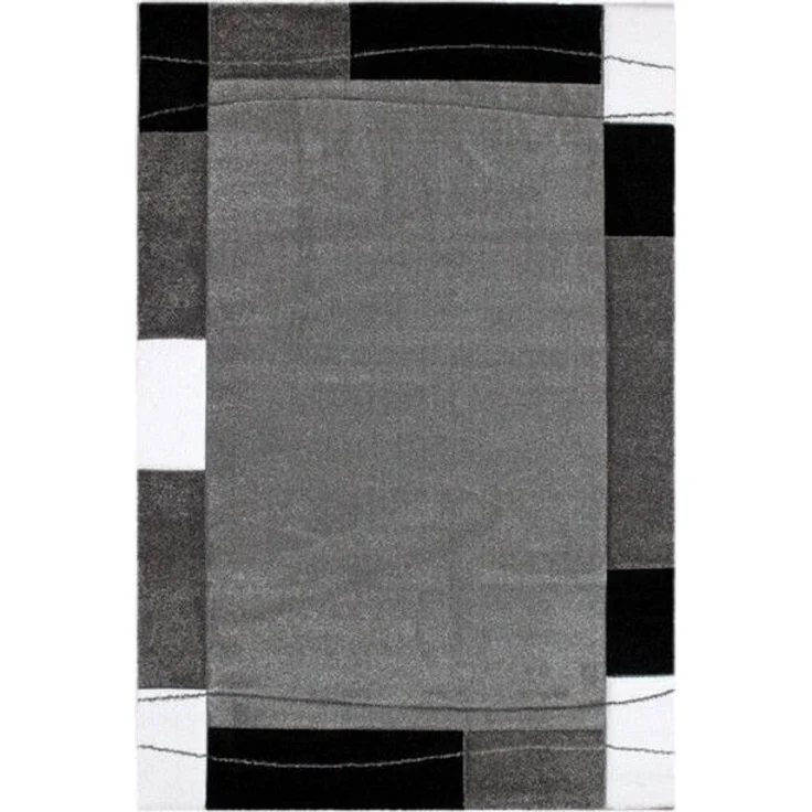 Vimoda Teppich Teppichwohnzimmer Grau Klassiker Kurzflor dicht gewebt, Rechteckig, Höhe: 13 mm, Teppich mit Bordürenmotiv grau weiß schwarz und Konturenschnitt – Bild 4