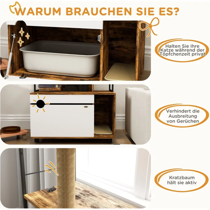 Katzentoilette mit 3-Ebenen-Regal und Kratzpfosten, Geschlossenes Katzenklo, 80 x 48 x 152 cm, Braun--Rustikal-Braun--152x48x80cm--YOUDENOVA – Bild 9