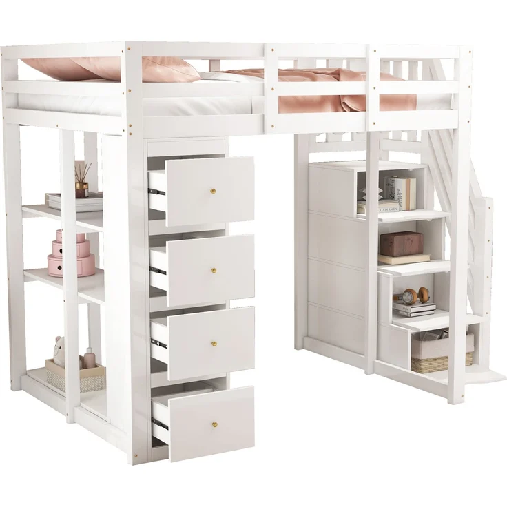 Kinder Hochbett aus Massivholz 140x200 cm mit Sicherheitsleiter, Schubladen & Regal – Stauraumbett, Jugendzimmer,weiß – Bild 6
