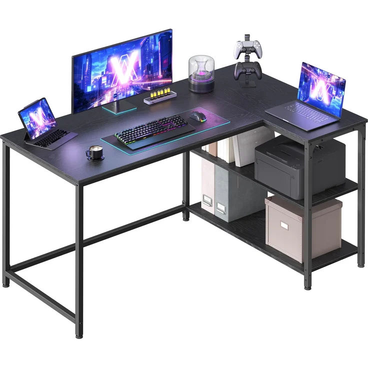 VASAGLE Eckschreibtisch in L-Form, Computertisch mit Stauraum, Bürotisch, höhenverstellbare Ablage, für Homeoffice, 120x80 cm, ebenholzschwarz LWD136BE01