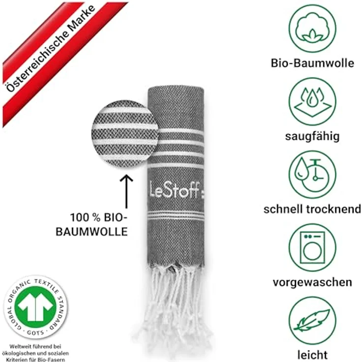 LeStoff Premium Hamamtuch 50 x 100 cm, 100% Bio-Baumwolle, Vorgewaschen, Leicht, Saugstark & Schnelltrocknend, Schwarz – Bild 3