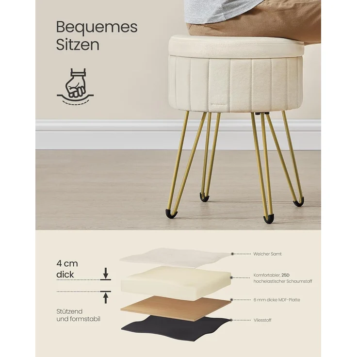 Songmics Sitzhocker Hocker (Schminktischhocker, Samt Schminkhocker), 4 Metallbeine, für Ankleidezimmer, Wohnzimmer, Schlafzimmer, weiß – Bild 5