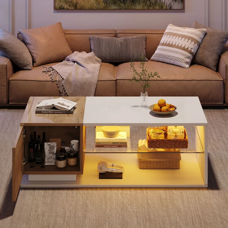 HAUSS SPOLE Couchtisch Hochglanz Couchtisch mit LED-Lichtleiste, Kaffeetisch mit Stauraum