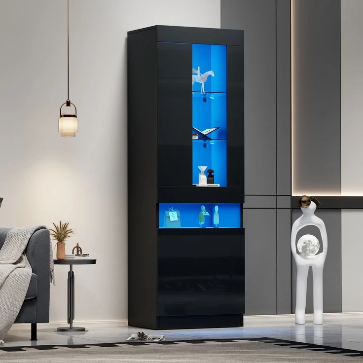 Vitrine mit LED Beleuchtung Vitrinenschrank Standvitrine Stauraumvitrine Schrank Wohnzimmerschran Schwarz LED Vitrine Wohnzimmer Wohnwände LED Vitrinenschränke LED Schränke Buffet-Schran--Schwarz--50x40x180cm--YOUDENOVA – Bild 5
