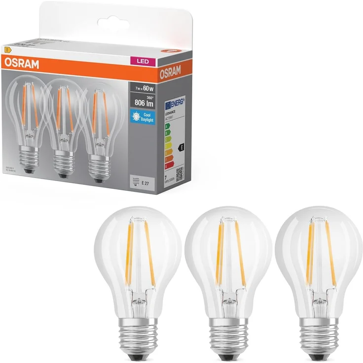 Osram LED Lampe Base Classic Kolbenform E27 klar 6500K kaltweiß, Filament LED, Ersatz für Glühlampe, IP20, quecksilberfrei, stoßfest, 15000 h