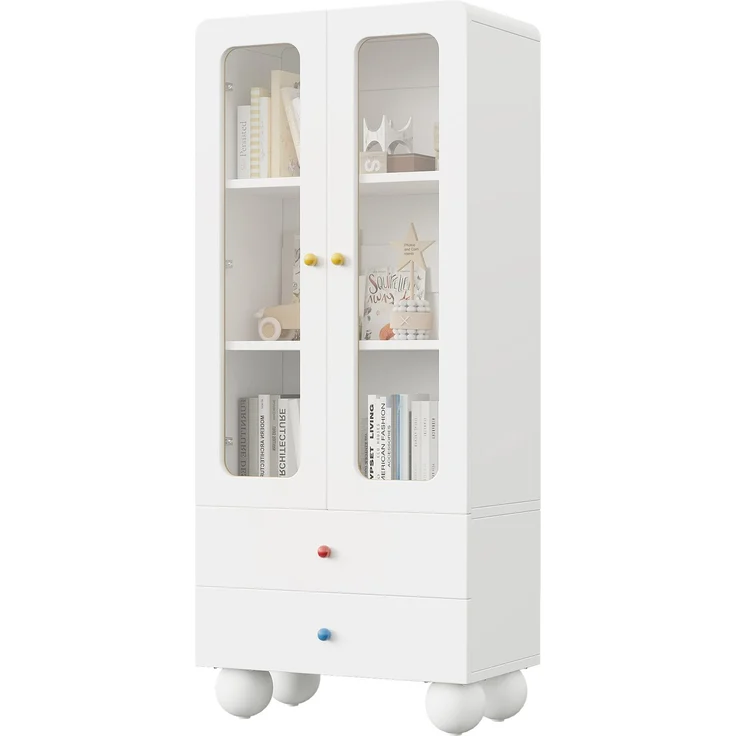 ZUBALIYA Glasvitrine, Kinder-Aufbewahrungsschrank, Bücherregal mit Schubladen, Büroschrank, Figurenvitrine, Bunte Keramikgriffe, Kugelförmige Schrankfüße,, Multifunktionsschrank, Weiß, 60 x 35 x 140 cm – Bild 10