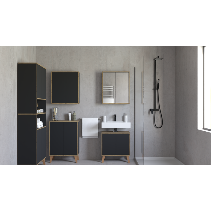 Badschrank MORENA mit 4 Türen und 2 offenen Fächern, Grau/Eiche – Bild 4