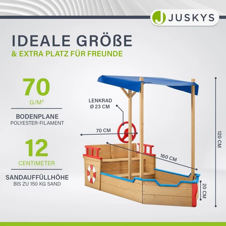 Juskys 'Käpt’n Pit Piratenschiff' Sandkasten mit Dach & Sitzbank, Holz natur, 70 x 160 x 120 cm – Bild 7