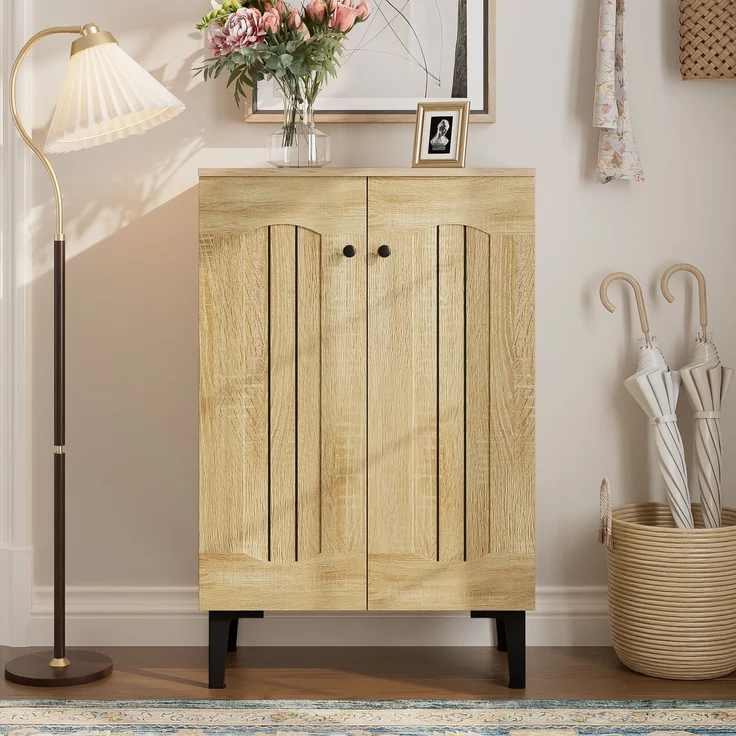 Schuhschrank, Holzfarbe aus Spanplatte mit Doppeltüren & Ablagefläche, 60x31,5x95 cm – Bild 2