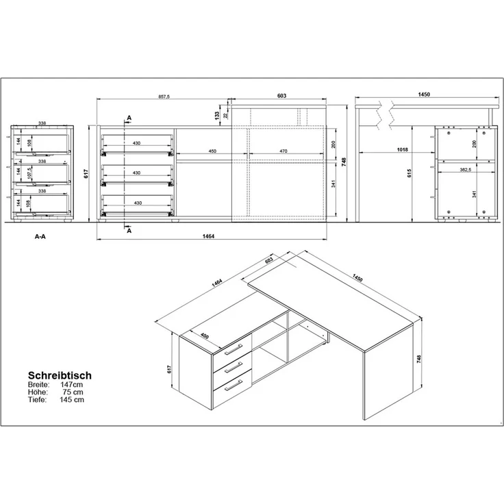 Winkelschreibtisch vito Podium, Schwarz, Holzfarben, 147 x 75 x 145 cm – Bild 7