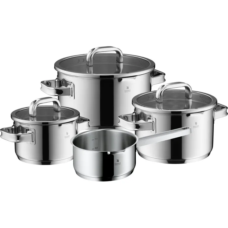 WMF Topf-Set Function 4 Advanced Top-Set, 4-teilig, Cromargan Edelstahl poliert (Induktionstöpfe, 4-tlg, Glasdeckel mit 4 Abgießfunktionen), Innenskalierung