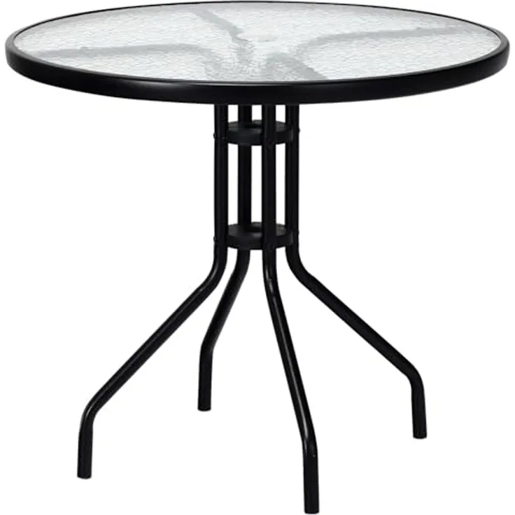 FANTASK Gartentisch Wetterfest, runder Balkontisch mit Schirmloch, Terrassentisch mit Tischplatte aus gehärtetem Glas für Hof, 70 x 70 x 71 cm, Terrasse und Garten