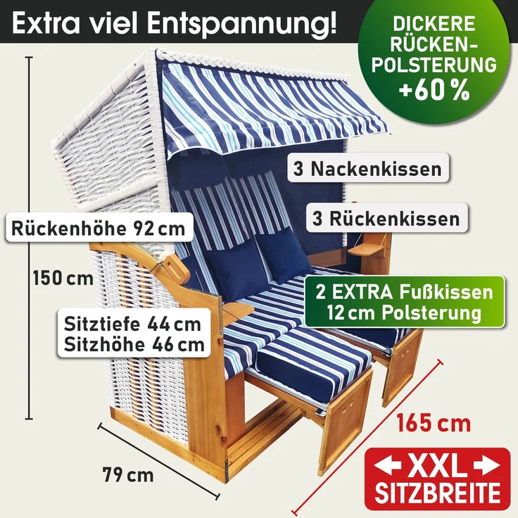 BRAST Strandkorb Usedom 3-Sitzer XXL für 2-3 Personen 165cm breit inkl. wetterfeste Abdeckhaube verstellbare Rückenlehne Fußkissen Hellblau - gestreift – Bild 2