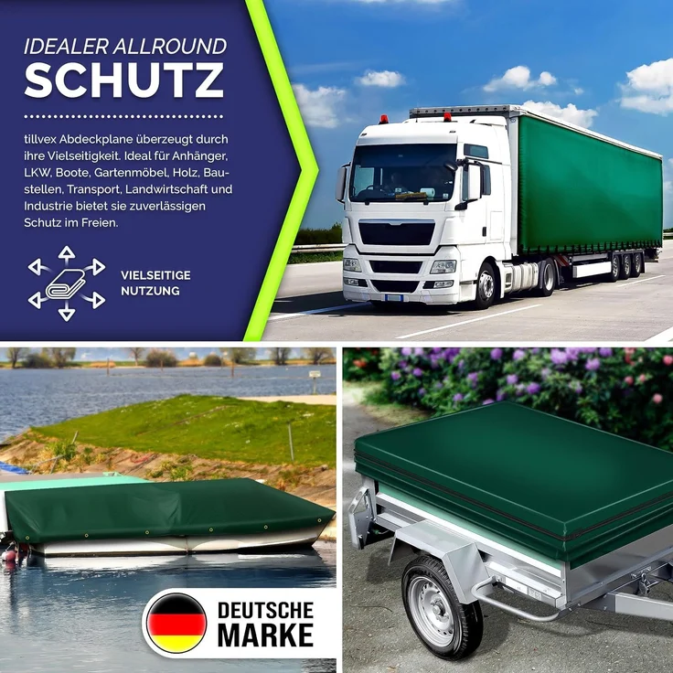 tillvex® Abdeckplane Grün 4x8 m mit Ösen + 10 Haken & 15m Seil | Gewebeplane 650g/m² Wasserdicht & Reißfest | Premium PVC-Plane Universell LKW, Pool, Holz Gartenmöbel | Gartenplane Abdeckung – Bild 6