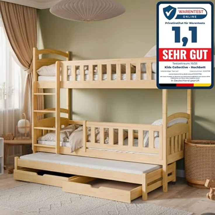 Kids Collective Etagenbett Hochbett Kinderbett 90x200 cm mit Lattenrost und Rausfallschutz, mit Ausziehbett, zwei Schubladen und drei Matratzen, natur – Bild 4