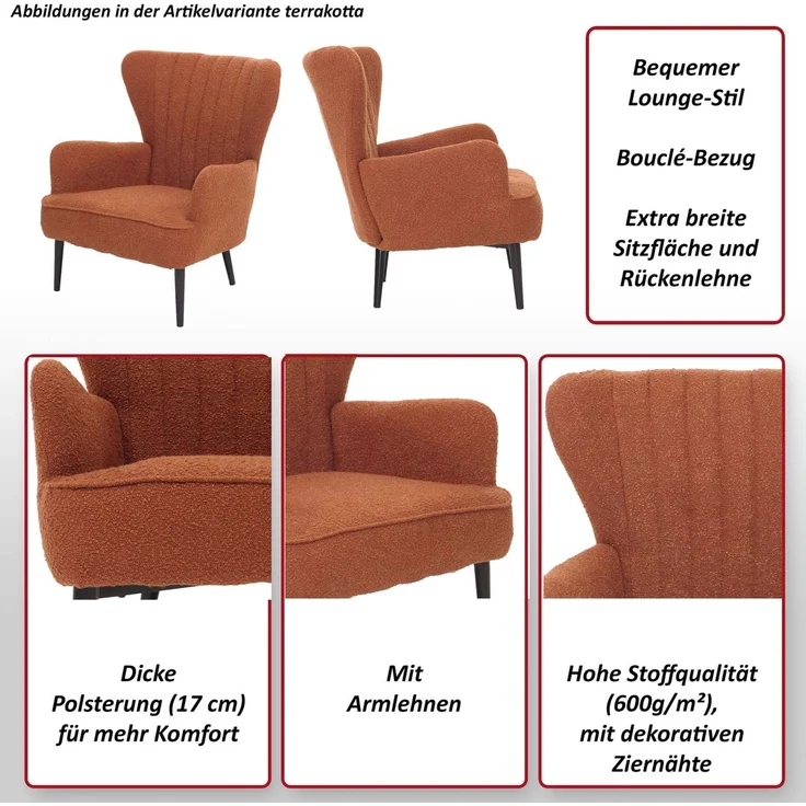 Lounge-Sessel HWC-K37, Cocktail-/Ohrensessel Polsterstuhl Retro Vintage Stoff Bouclé (600g/m²) ~ hellgrau – Bild 2