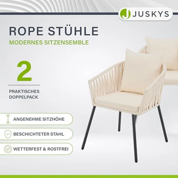 Juskys Rope Stühle 2er Set - Gartenstühle mit Seilgeflecht & Polster - wetterfester & bis 160 kg belastbar - Stahl mit Pulverbeschichtung - Beige – Bild 4