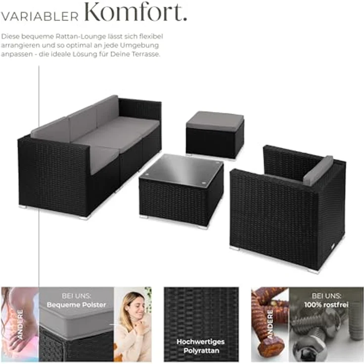 tectake® Poly Rattan Lounge, Outdoor Gartenmöbel Set mit Sofa, Sessel, Hocker und Tisch, variabel kombinierbar, Möbel wetterfest für 4-5 Personen, Balkonmöbel, Gartenlounge, Terrassenmöbel - schwarz – Bild 4