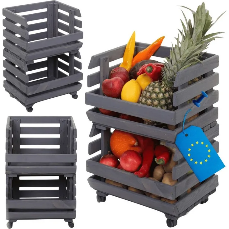 Modo24 Küchenregal Modular Holzregal für Gemüse Obst auf Rollen, Stapelbares Regalsystem, Kartoffelsteige, Küchenregal, Vorratsregal, Gemüseregal, 3 Farben