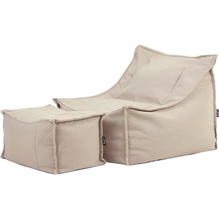 Icon Alto Sitzsack Sessel mit Hocker, Beige, Olefin Stoff für Drinnen und Draußen, Riesen Sitzsack mit Füllung, Bequemer Sessel, Garten, Terrasse, Lounge, Wohnzimmer – Bild 1
