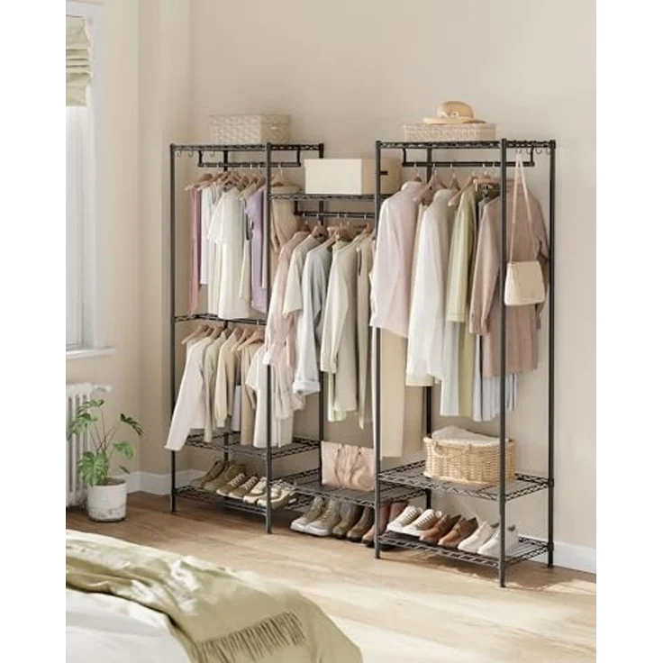 SONGMICS Kleiderständer, offener Kleiderschrank, Garderobe aus Metall, Garderobenständer mit verstellbaren Ablagen und Kleiderstangen, Haken, hochbelastbar, trennbar, tintenschwarz LGRDE431B01 – Bild 2