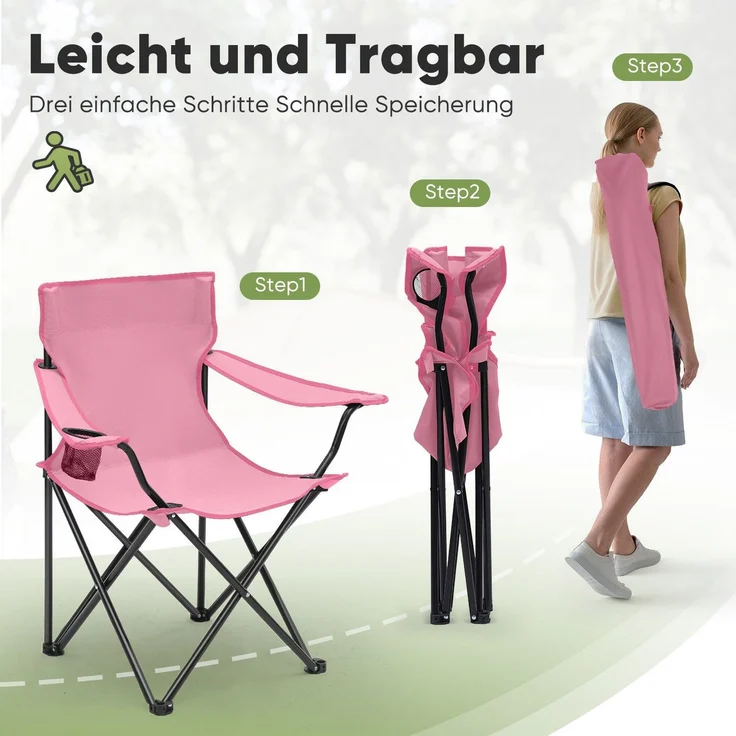 Sunula 2er Set Campingstuhl Faltbar Anglerstuhl Ultraleicht Faltstuhl mit Armlehnen, mit Getränkehalter, mit Tragetasche, bis max. 100 kg, Rosa – Bild 5