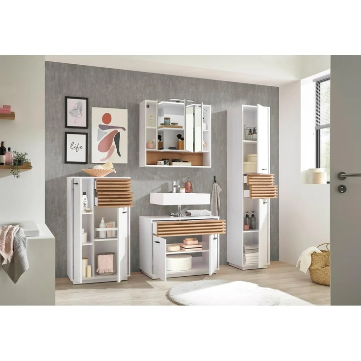 Badezimmer-Set >Liguria< (4-tlg.) in Weiß / Evoke Eiche Dekor - 220x191x40 (BxHxT) – Bild 2
