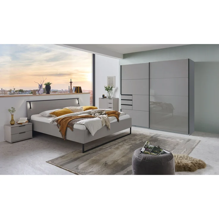 Schlafzimmer-Set >Tilburg< (5tlg. ) Schrank, Bett 188x92x210cm, Kommoden, Saharagrau, Abs. Grafit – Bild 1