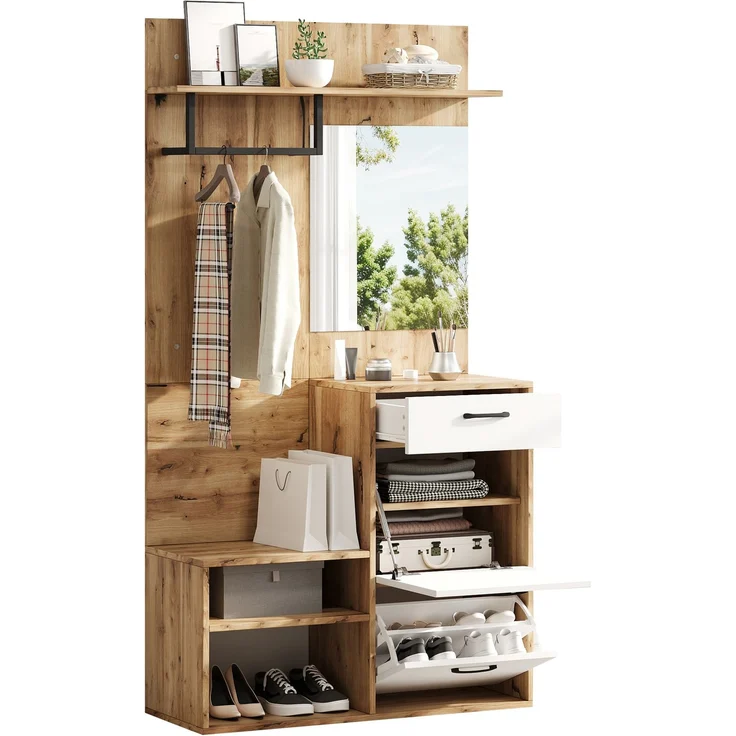 Faumrta 100*38.5*190cm Garderoben-Set mit Spiegel, Schuhbank, Schuhschrank, Flurschrank, Hängeschrankregal, Kompaktgarderobe, Mit 1 Schublade und 2 Schränken, viel Stauraum, Weiß + Original Holzfarbe100CM*38.5CM*190CMNaturalSpanplatte – Bild 2