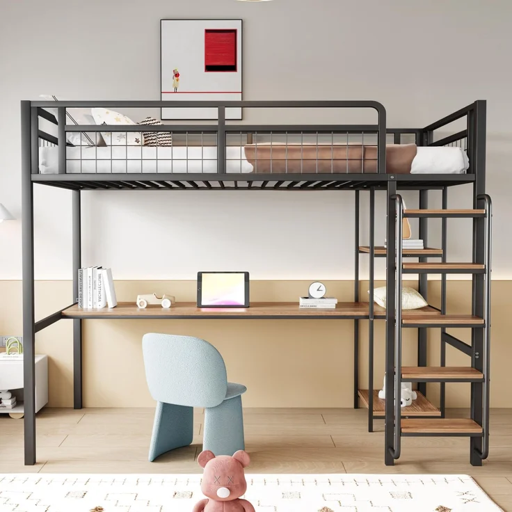 Ball & Cast Loft Bed (90x200 cm) mit Tisch und Regalen, Metall-Hochbett mit Sicherheitsleiter, Stabil & Rauschlos, Schwarz