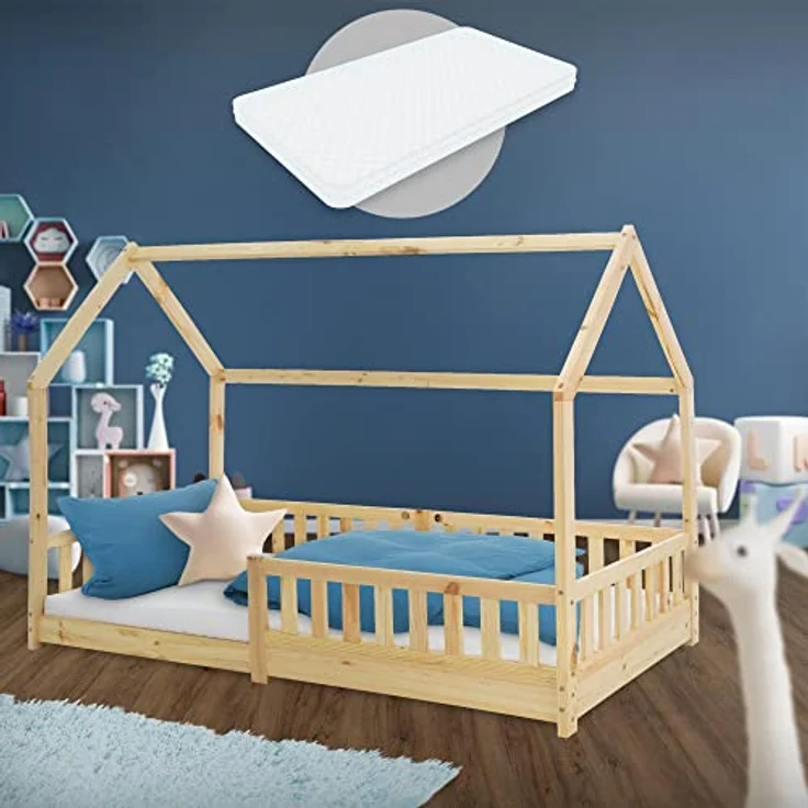 ML-DESIGN Kinderbett Hausbett mit Rausfallschutz, Dach und Lattenrost Massivholz, Bett 90x200 cm Natur mit Matratze 10cm Mädchen Jungen Holzbett – Bild 2