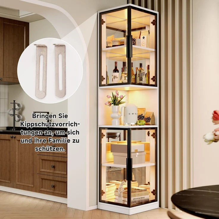 ZUBALIYA 205cm hoher LED-Vitrinenschrank mit doppelten Glastüren und verspiegelter Rückwand, mit farbwechselnder Beleuchtung und Kippschutzvorrichtung–elegant, vollständig transparent–Weinschrank, Bücherregal, Weiß – Bild 3