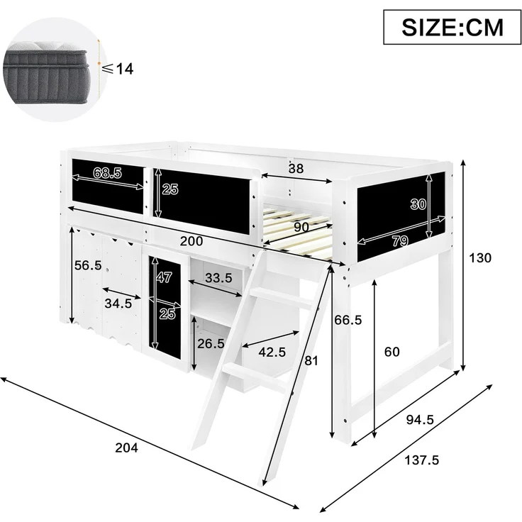 Merax Hochbett, 90x200cm Kinderbett, mit doppeltürigen Stauschränken und einer Tafel zum Malen, Zweistufige Schrägleiter, Sicherheitsgeländer, Weiß – Bild 4