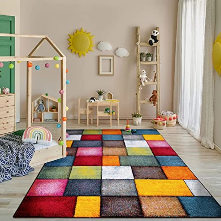 Paco Home Teppich Wohnzimmer Kinderzimmer Kurzflor Moderne 3D Optik Kariert Geometrische Muster, Grösse:120x170 cm, Farbe:Bunt – Bild 3