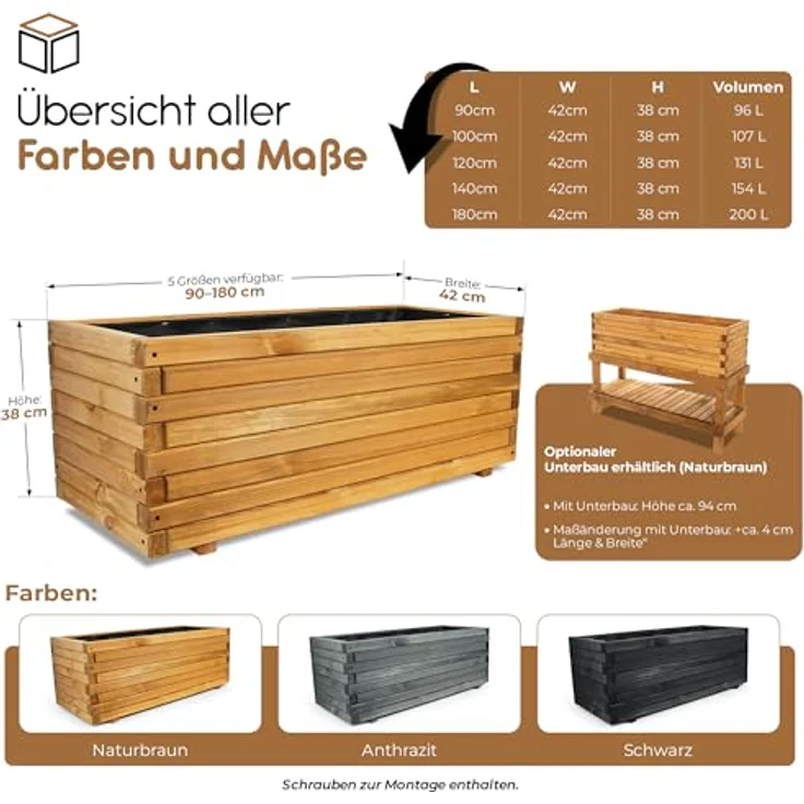BooGardi Pflanzkübel groß außen & innen mit Vlies · Blumenkasten XXL (Pflanzkasten rechteckig · 90 cm naturbraun), 10 Größen · Hochbeet · Holz · für Garten, Balkon & Terrasse – Bild 3