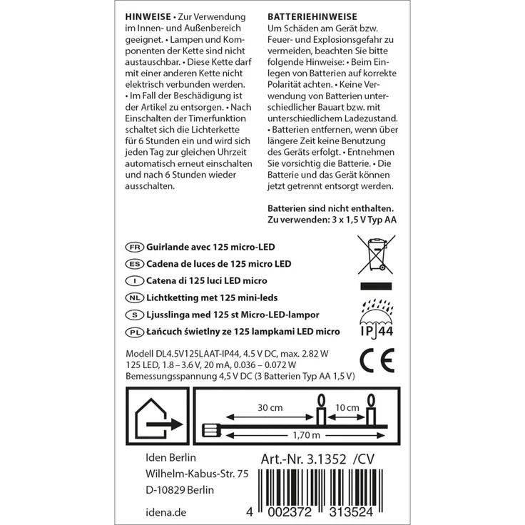 Idena 31352 - LED Lichterkette mit 125 LEDs in Warmweiß, Cascade LED Stränge mit 6 Stunden Timer Funktion, batteriebetrieben, ca. 1,7 m lang, Deko für Innen & Außen, als Party Deko, Weihnachtsdeko – Bild 3