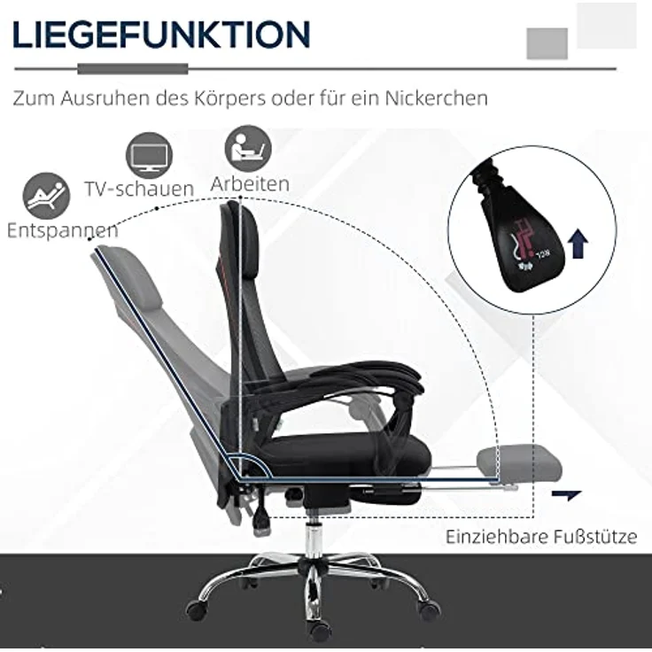 Vinsetto Bürostuhl mit Massagefunktion und Liegefunktion, ergonomischer Gaming Stuhl mit USB-Schnittstelle und atmungsaktivem Netzgewebe – Bild 7