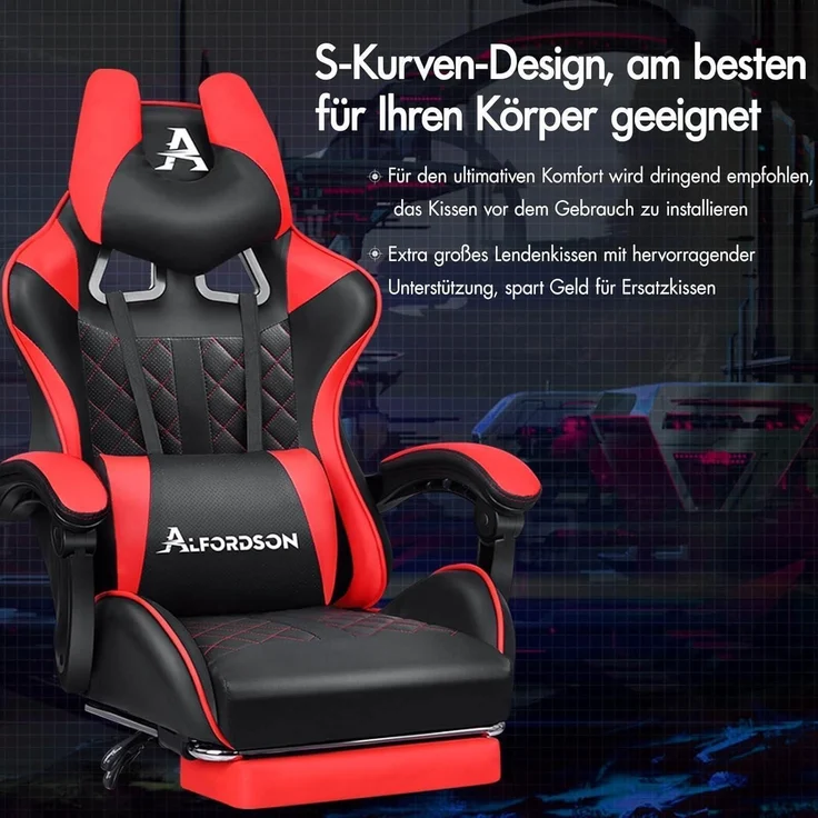 ALFORDSON Gaming-Bürostuhl mit Fußstütze und Lendenkissen, Rot – Bild 4