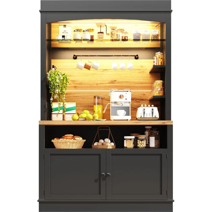 Küchenschrank, hoher Küchenschrank (107x43x184 cm), Vitrine, Anrichte, Anrichte mit LED-Beleuchtung, offenes Regal, schwarz--Schwarz--116.48x46x22.99cm--YOUDENOVA – Bild 9