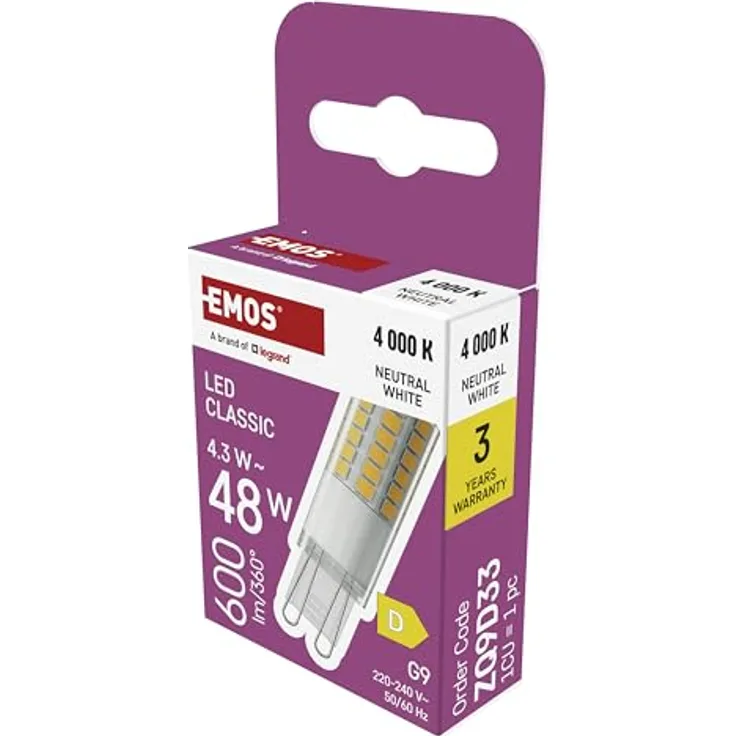 EMOS - G9 LED Lampe CLASSIC 4,3 Watt, ersetzt 48 Watt Halogenlampe - G9 Pin Lampe JC mit Helligkeit 600 Lumen - Neutralweiß 4000 Kelvin - langlebig 30000 Stunden - 300° Abstrahlwinkel - SMD LEDs