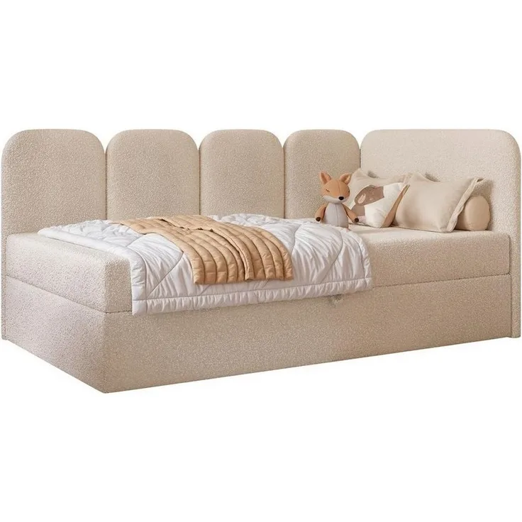Compleo Boxspringbett Jugendbett DREAMY, Polsterbett mit Bettkasten, 80/90/100/120x200, Kopfteil links oder rechts, Boucle oder Velvet