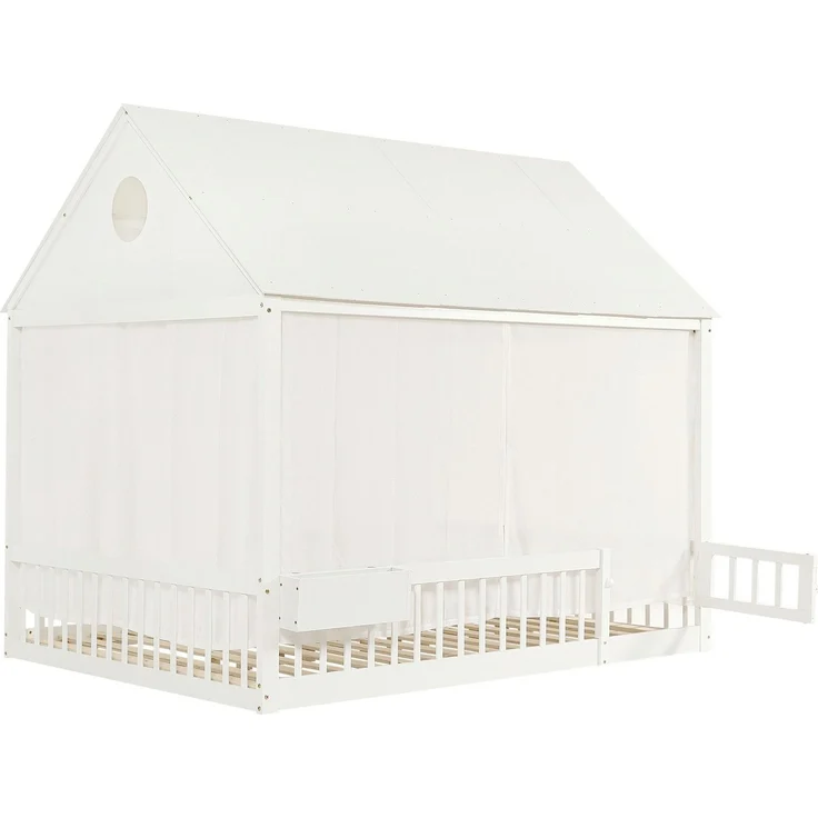 Hausbett mit Lattenrost, Bettvorhang, Zaun, Dach, Tür und Aufbewahrungsbox, 140x200 cm, Kinderbett mit Rausfallschutz, Massivholzbett, Kiefer – Bild 8