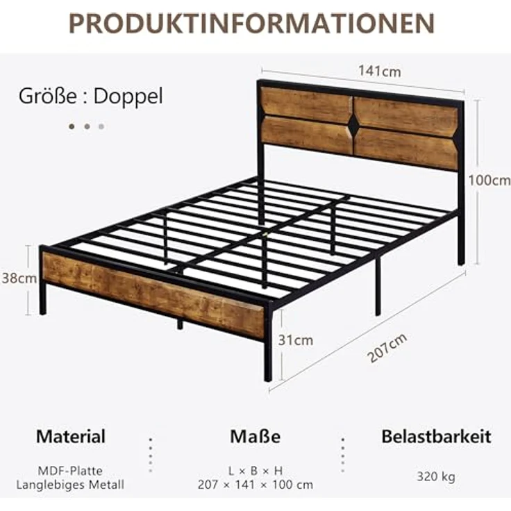 VECELO Bettgestell 140x200 cm, Metall-Holz Doppelbett mit Lattenrost, geräuschlos und stabil, mit Stauraum, einfache Montage für Schlafzimmer und Gästezimmer, Braun – Bild 2
