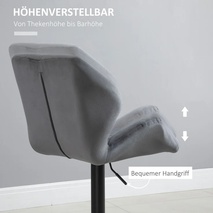 Barhocker 2er Set, Gepolsterter Barstuhl mit Metallgestell, Lehne, Samtoptik, Höhenverstellbar 360° Drehbar--Grau--117x57x58cm--YOUDENOVA – Bild 7