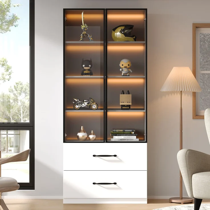 LED-Vitrine 60×40×160 cm - Glasvitrine, Bücherregal und Multifunktionsschrank mit Beleuchtung und Schubladen, mit Aluminiumrahmen, Hartglastüren und sanft schließenden Scharnieren, mehrfarbige LED--Weiß--60x40x160cm--YOUDENOVA – Bild 3