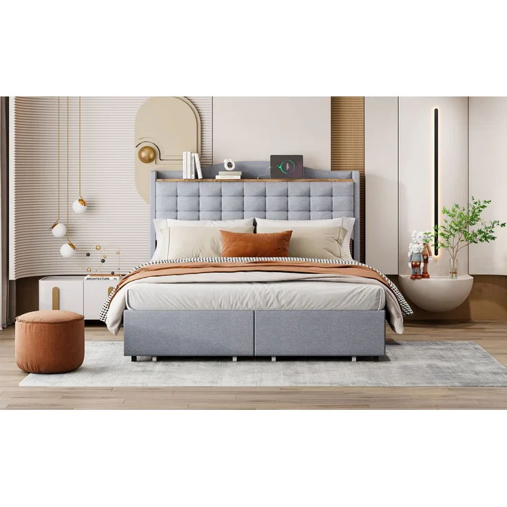 Polsterbett 140*200 cm, Nachttisch mit USB-Ladeanschluss und Ablage, Doppelflachbett mit 4 Schubladen, Leinenstoff Grau – Bild 5